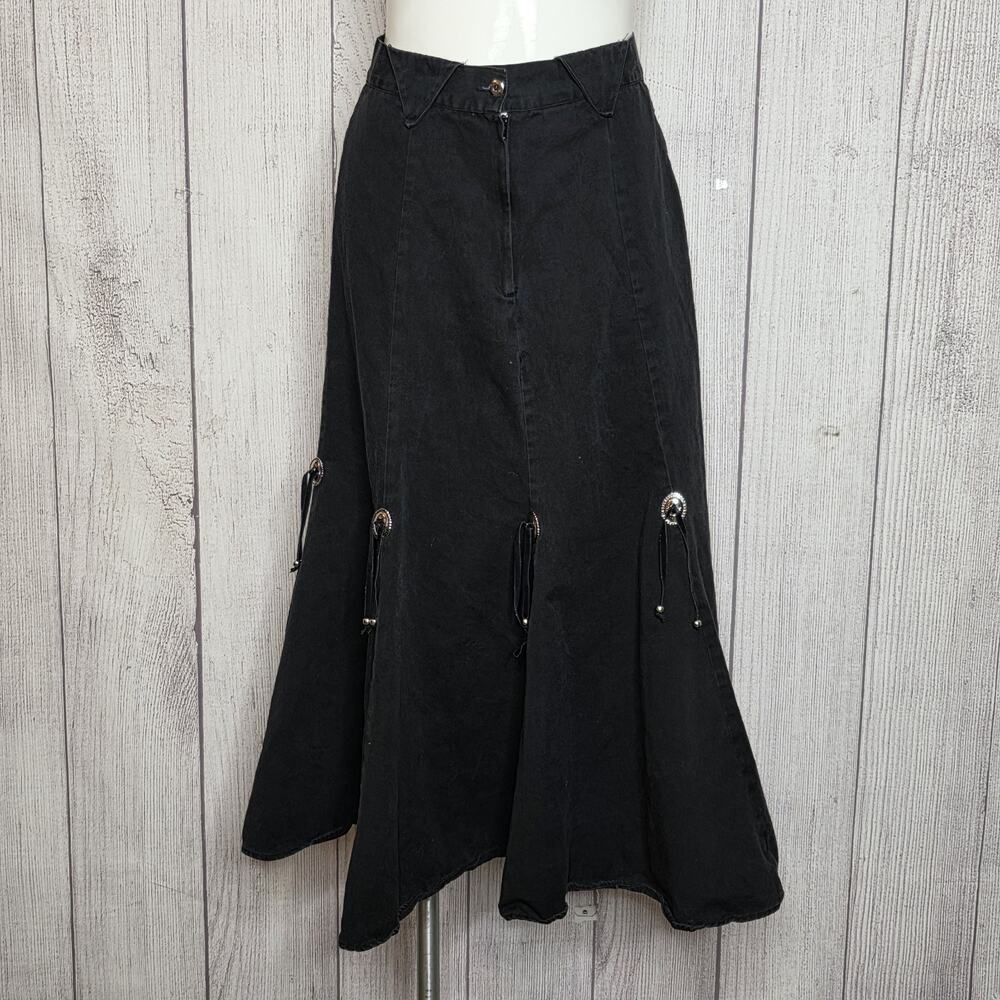 Vintage Circle T Black Maxi Skirt Western Concho Prairie Goth, sz 11/12